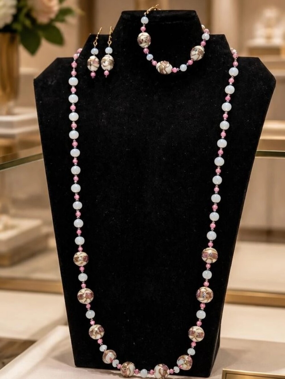 Vintage Murano Wedding Cake Glass Bead Necklace Bracelet Earrings Set 32"